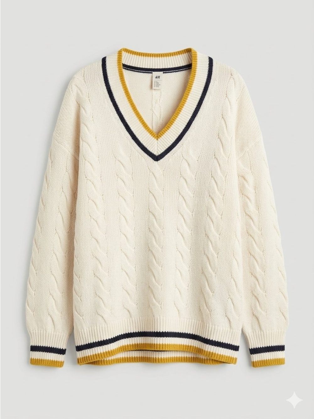 H&M Cream V-Neck Collegiate Sweater with Yellow and Dark Blue Trim